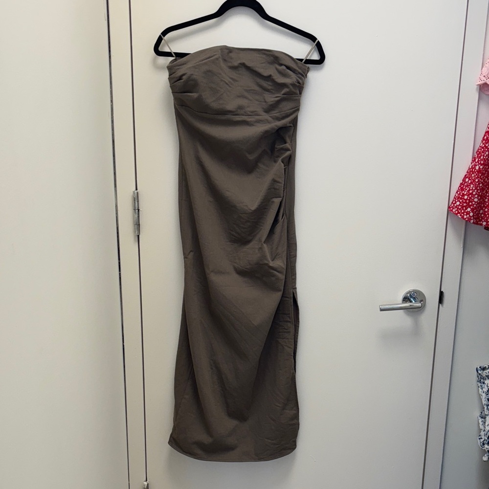 Strapless Olive Green Midi Dress